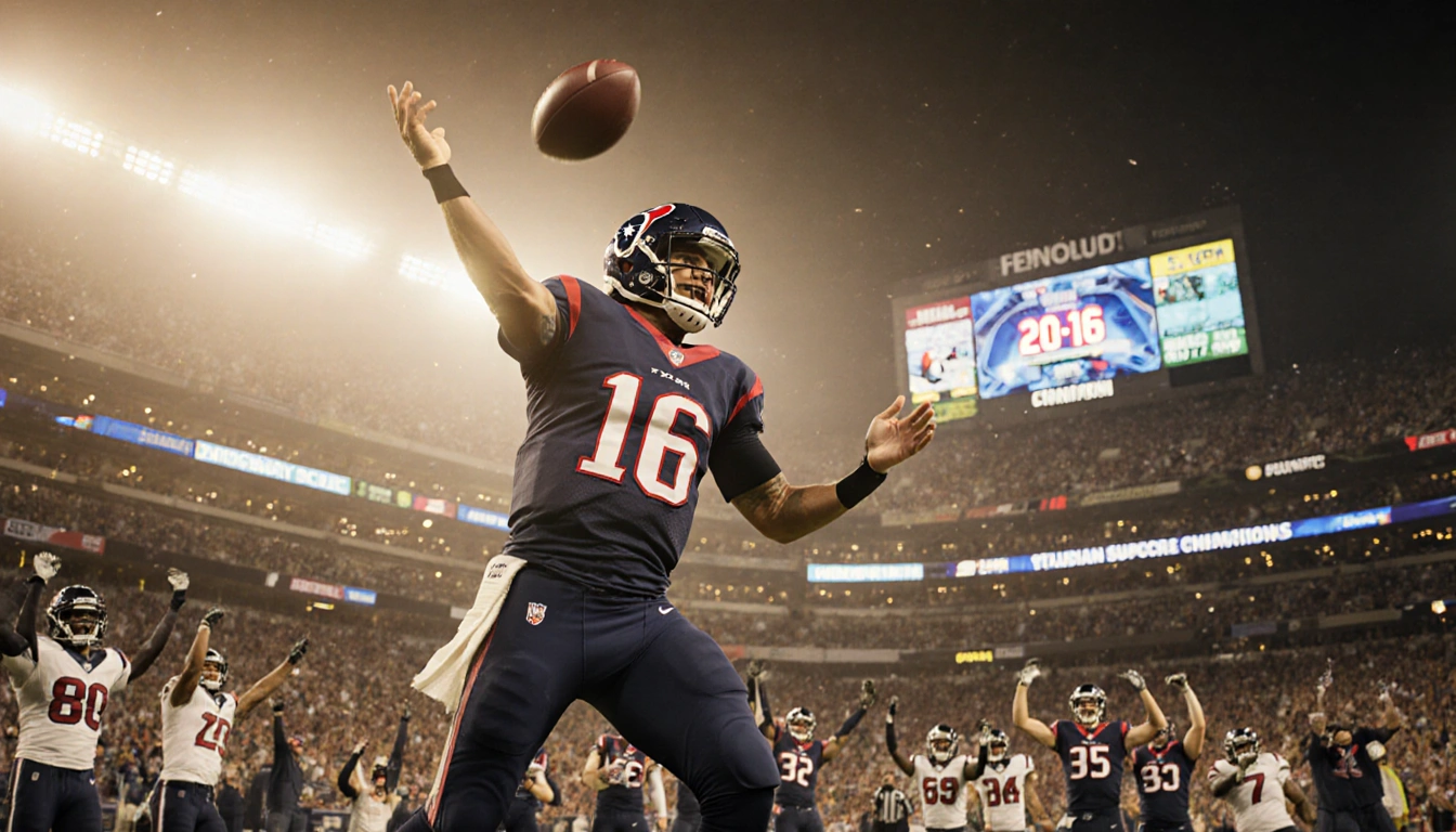 C.J. Stroud tossing football toward end zone with cheering Texans fans and scoreboard reading 20-16 in golden light
