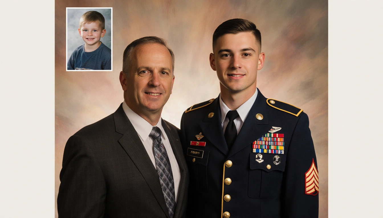 Sgt William Howard stands proud in uniform with his stepfather beside him and family photo for a tribute in muted light