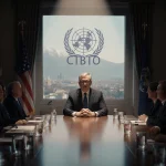 Howard Solomon addressing diplomats behind a table with spotlight and CTBTO logo cityscape and Alps in background
