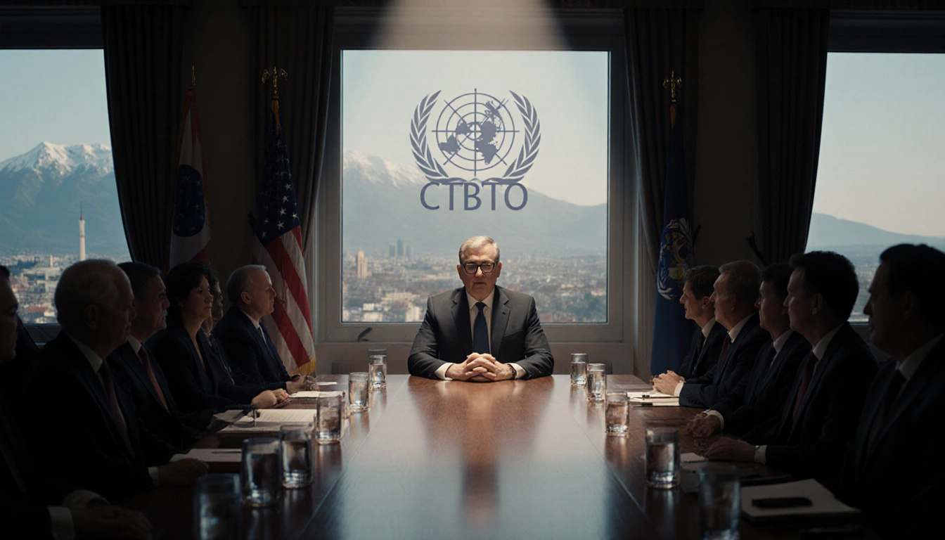 Howard Solomon addressing diplomats behind a table with spotlight and CTBTO logo cityscape and Alps in background