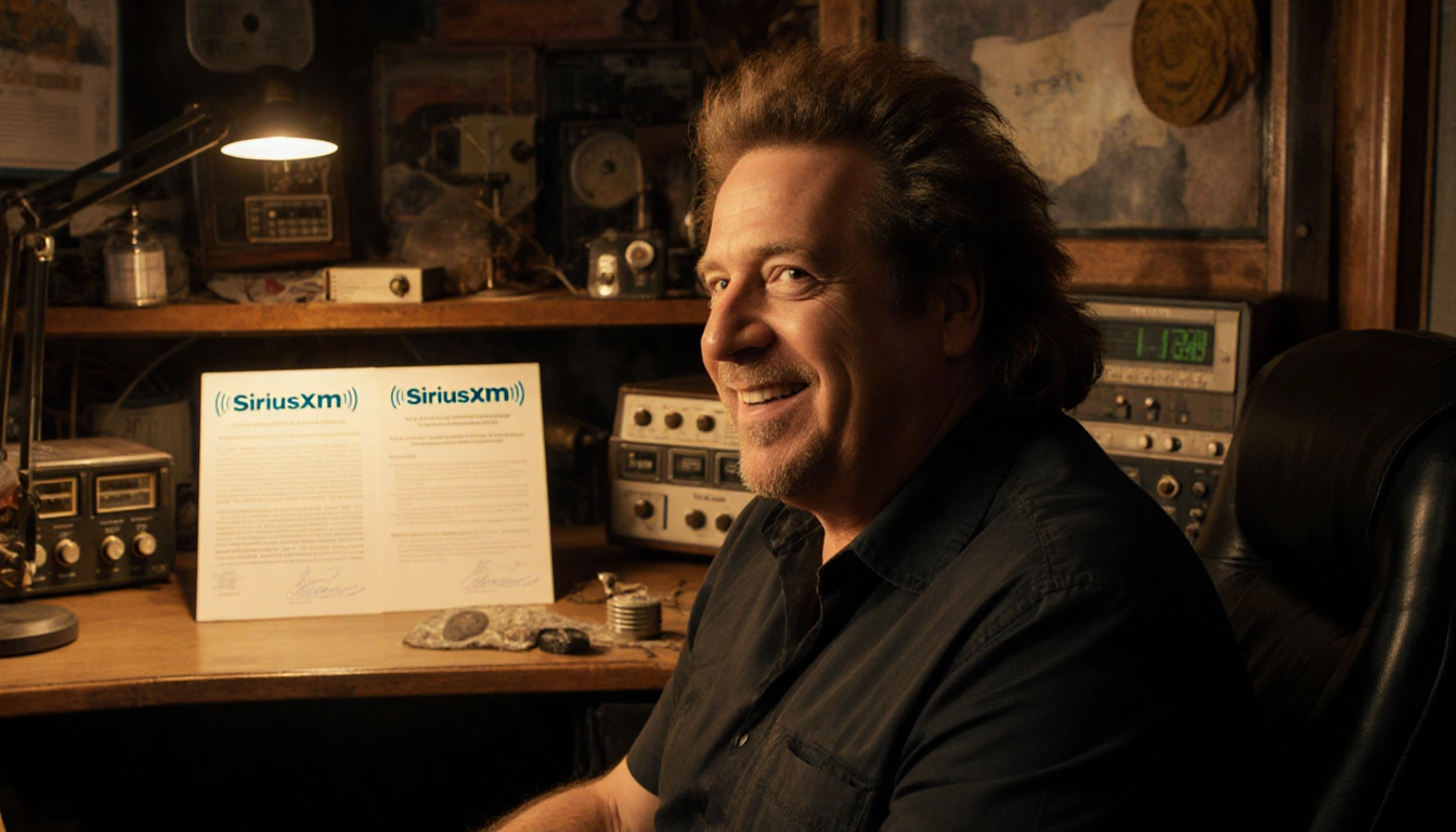 Howard Stern smiling with SiriusXM contract displayed behind him in his warm radio studio