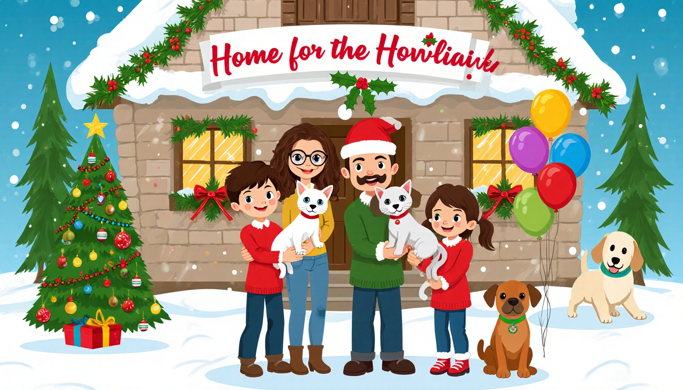 Family holding cats and puppy with festive decorations and banner Home for the Howlidays and adoption deal