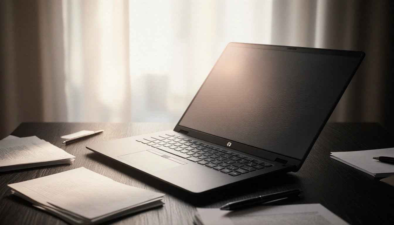 HP ZBook 8 G1i glows with warm screen light with matte-black surface with natural light from left and scattered pens.