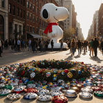 Hubcaps form a bright Christmas wreath on a Baltimore sidewalk with a Snoopy sculpture in the background.