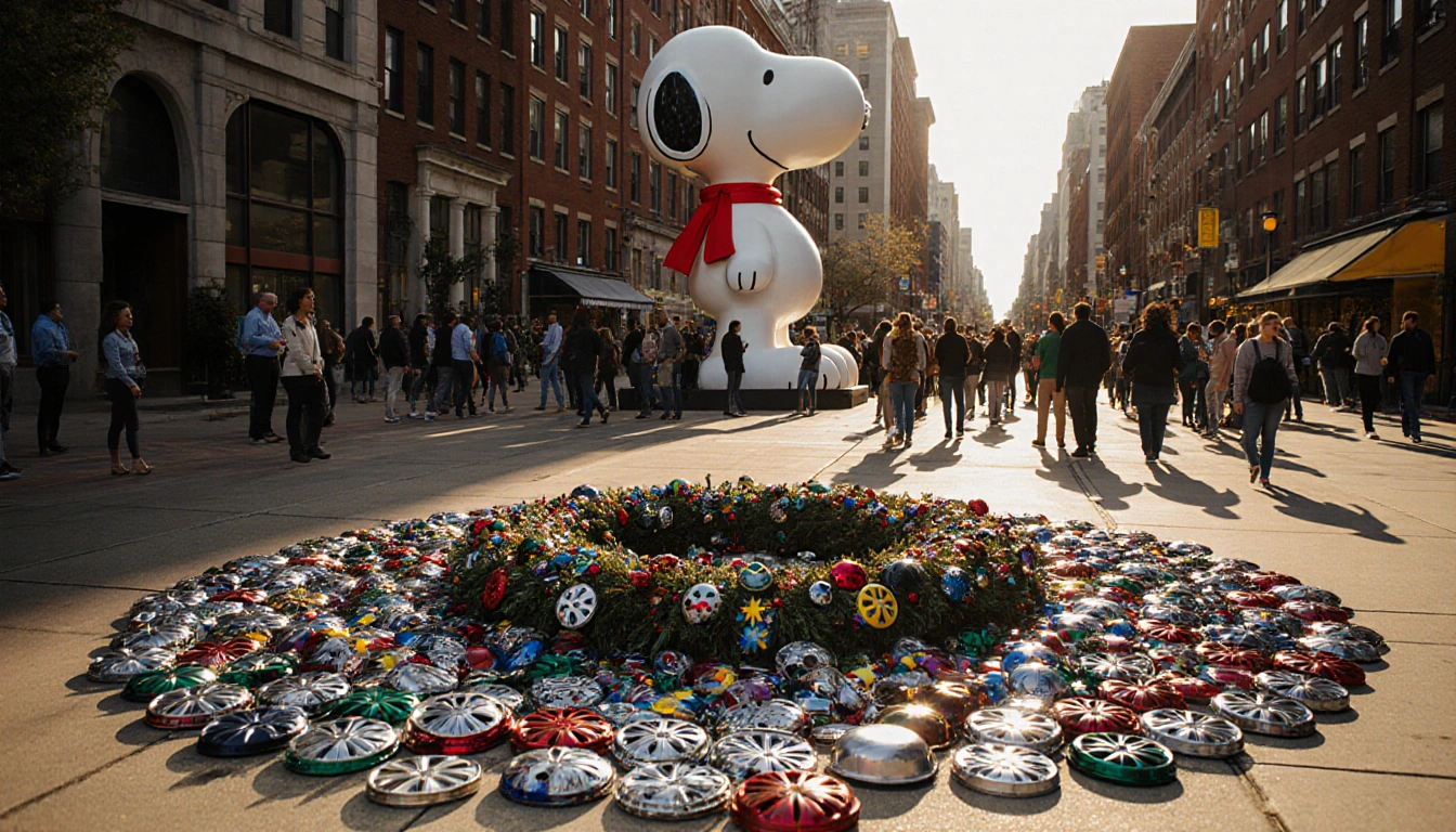 Hubcaps form a bright Christmas wreath on a Baltimore sidewalk with a Snoopy sculpture in the background.