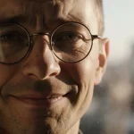 Weathered face peeks out from round glasses with warm window light and blurred cityscape behind