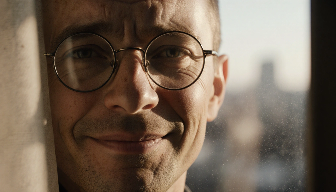Weathered face peeks out from round glasses with warm window light and blurred cityscape behind