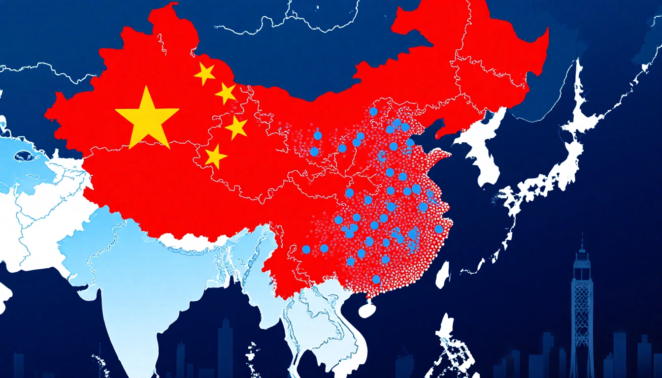 Stylized map with red dots in China blue dots in America robotic shapes near Beijing SF showing innovation and technology