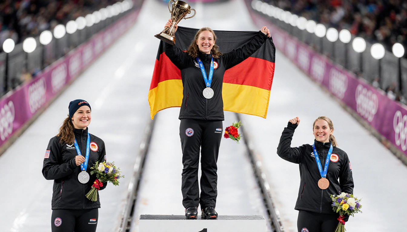 Humphries Armbruster lifts trophy with German flag backdrop on podium and a blurred bobsled finish line behind