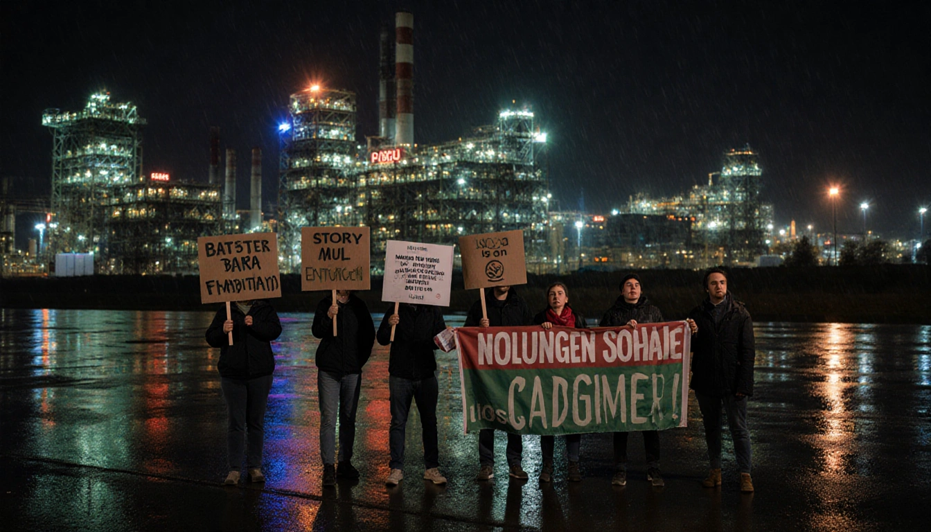 Hungarian residents protesting with banners near a battery factory and neon lights reflecting on wet pavement