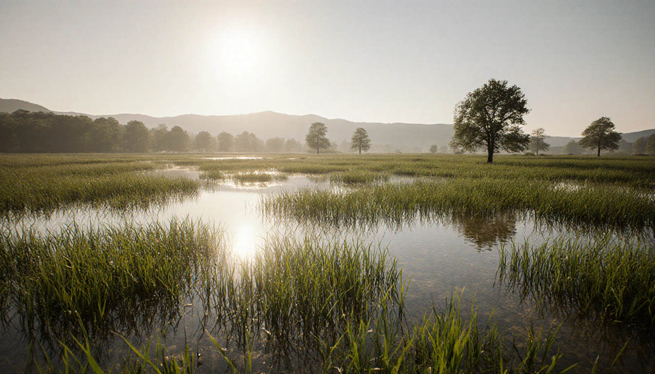 Lush greenery emerges from shallow marsh water with warm sunlight filtering through trees on Hungary’s Great Plain.