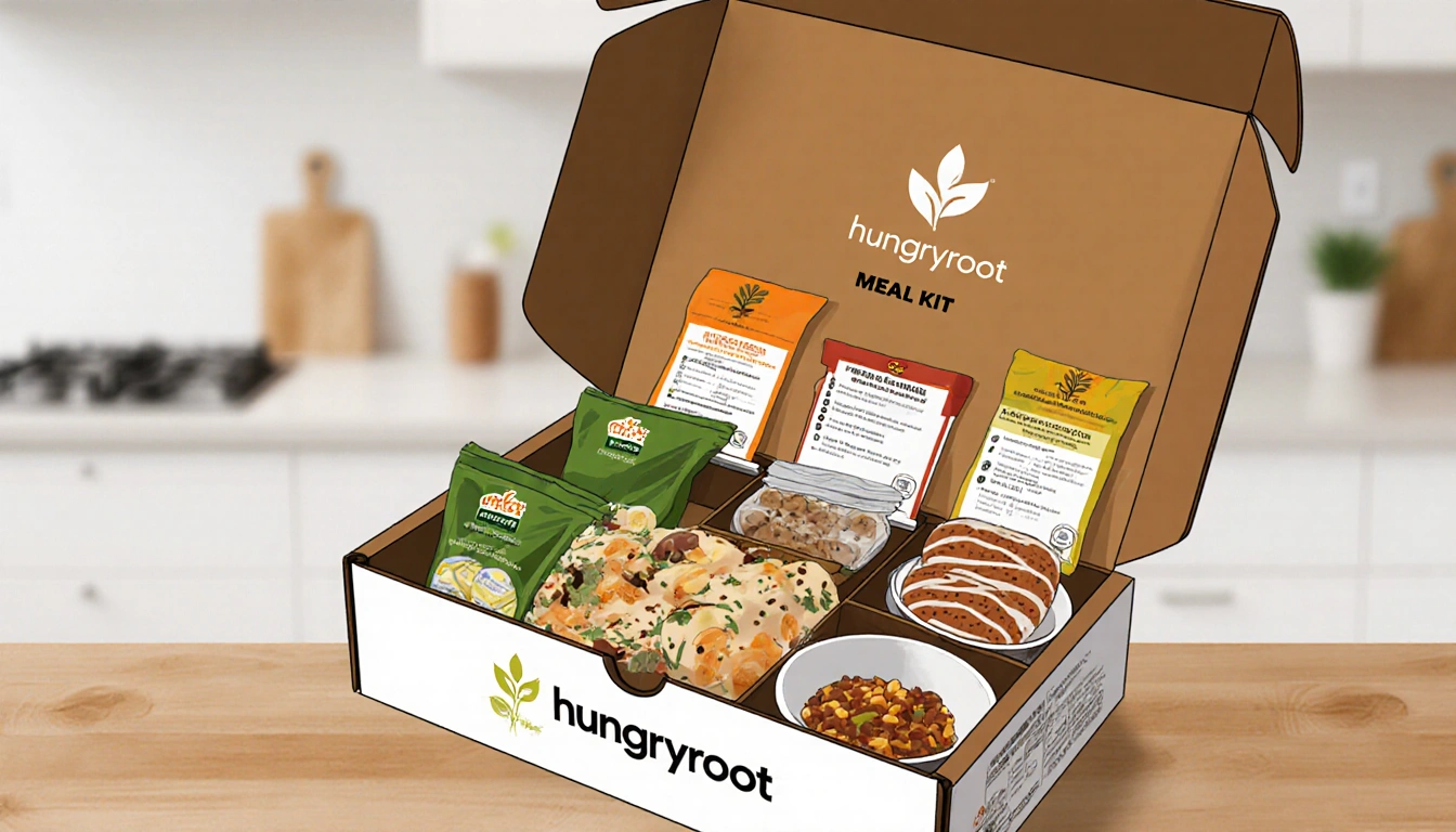 Hungryroot meal kit box opening to reveal arranged ingredients with color-coded labels and desserts against a blurred counter