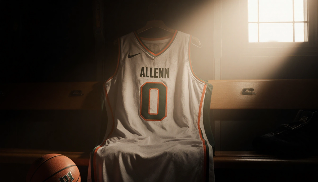 Hurricane jersey draped over bench in locker room with golden hour light and abandoned basketball nearby