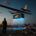 Drone hovering over rubble with cargo container labeled LIFT and UT/Texas Aerial Robotics responder looks up and residents wa