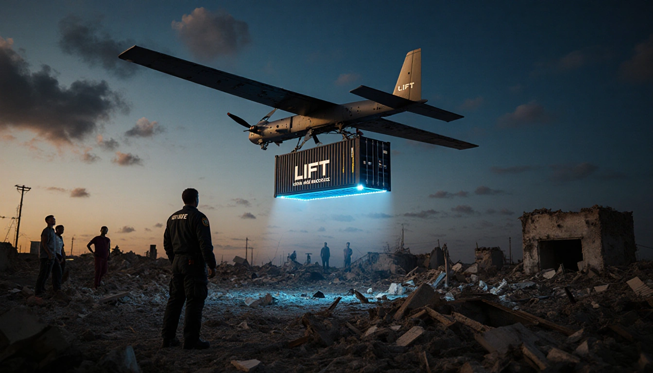 Drone hovering over rubble with cargo container labeled LIFT and UT/Texas Aerial Robotics responder looks up and residents wa
