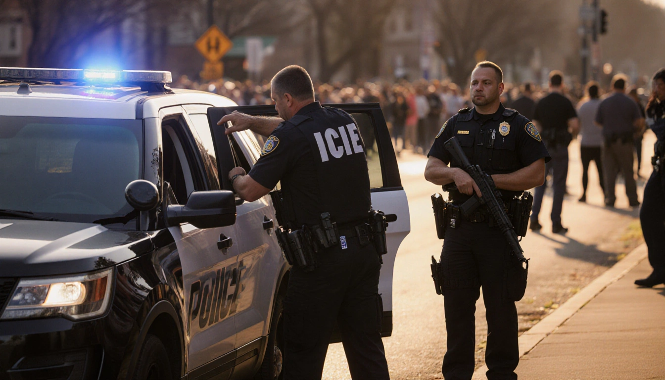 ICE agent gesturing toward suspect vehicle beside police SUV with morning sunlight casting warm glow