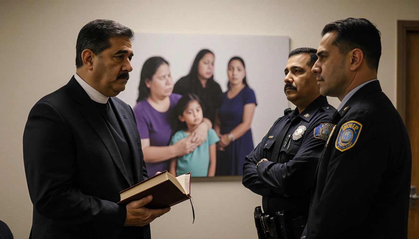 Pastor Garcia confronting ICE agents holding a Bible with crossed arms and blurred mothers with children in community center