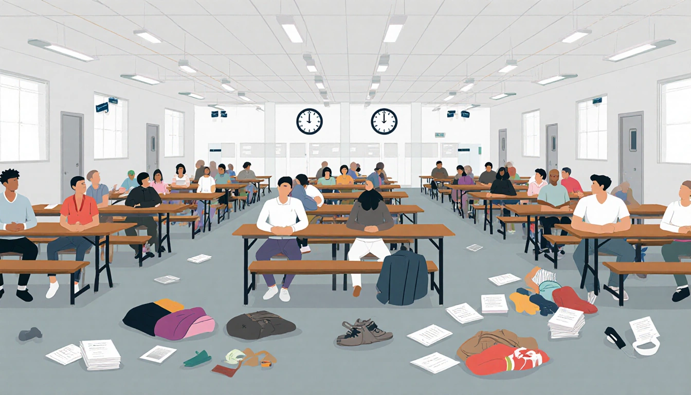 Migrants seated on benches with paperwork and personal items while clocks in background convey waiting.