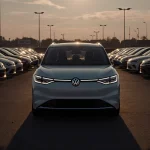 Volkswagen ID. Buzz stands alone with empty sedans and long shadows at dusk on a car dealership lot