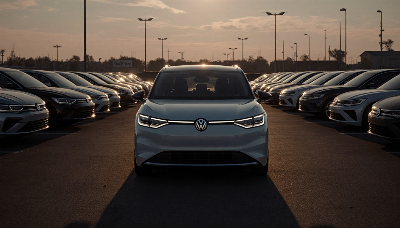Volkswagen ID. Buzz stands alone with empty sedans and long shadows at dusk on a car dealership lot