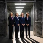 Four congresswomen standing with solemn faces near a ICE processing center entrance with a metal door and fluorescent light