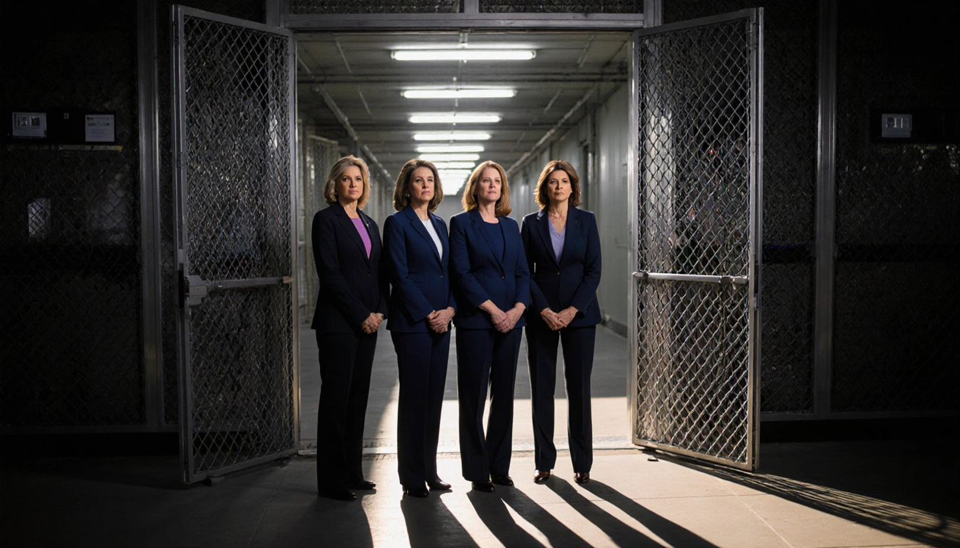 Four congresswomen standing with solemn faces near a ICE processing center entrance with a metal door and fluorescent light