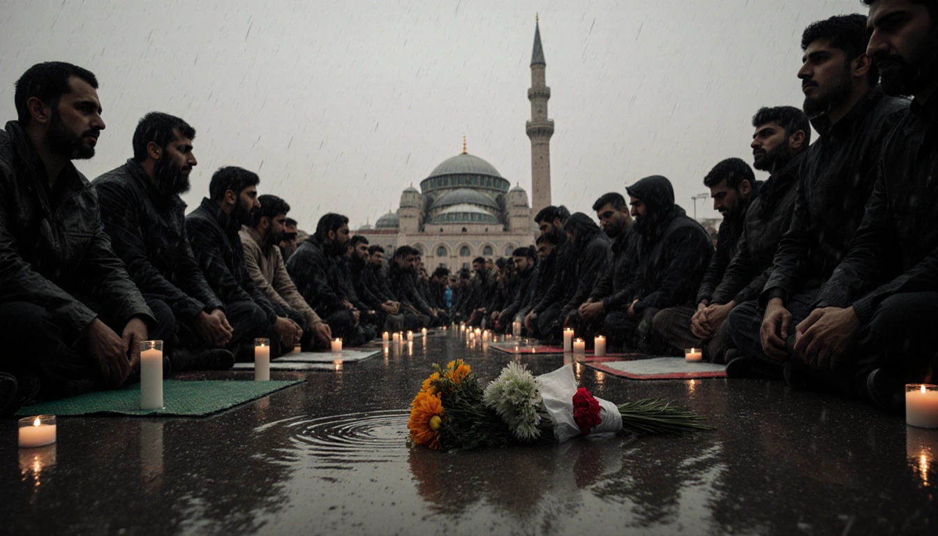 Mourners seated on ground with candles and prayer mats in rain near mosque minaret
