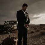 Immigration lawyer standing in desert with clasped hands, abandoned suitcase and border patrol vehicle in background