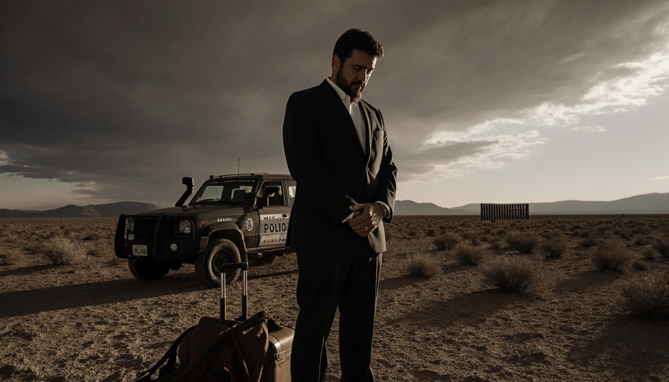 Immigration lawyer standing in desert with clasped hands, abandoned suitcase and border patrol vehicle in background