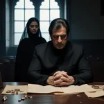 Imran Khan sitting with hands clasped near evidence on table in courtroom with Bushra Bibi looking defiant.