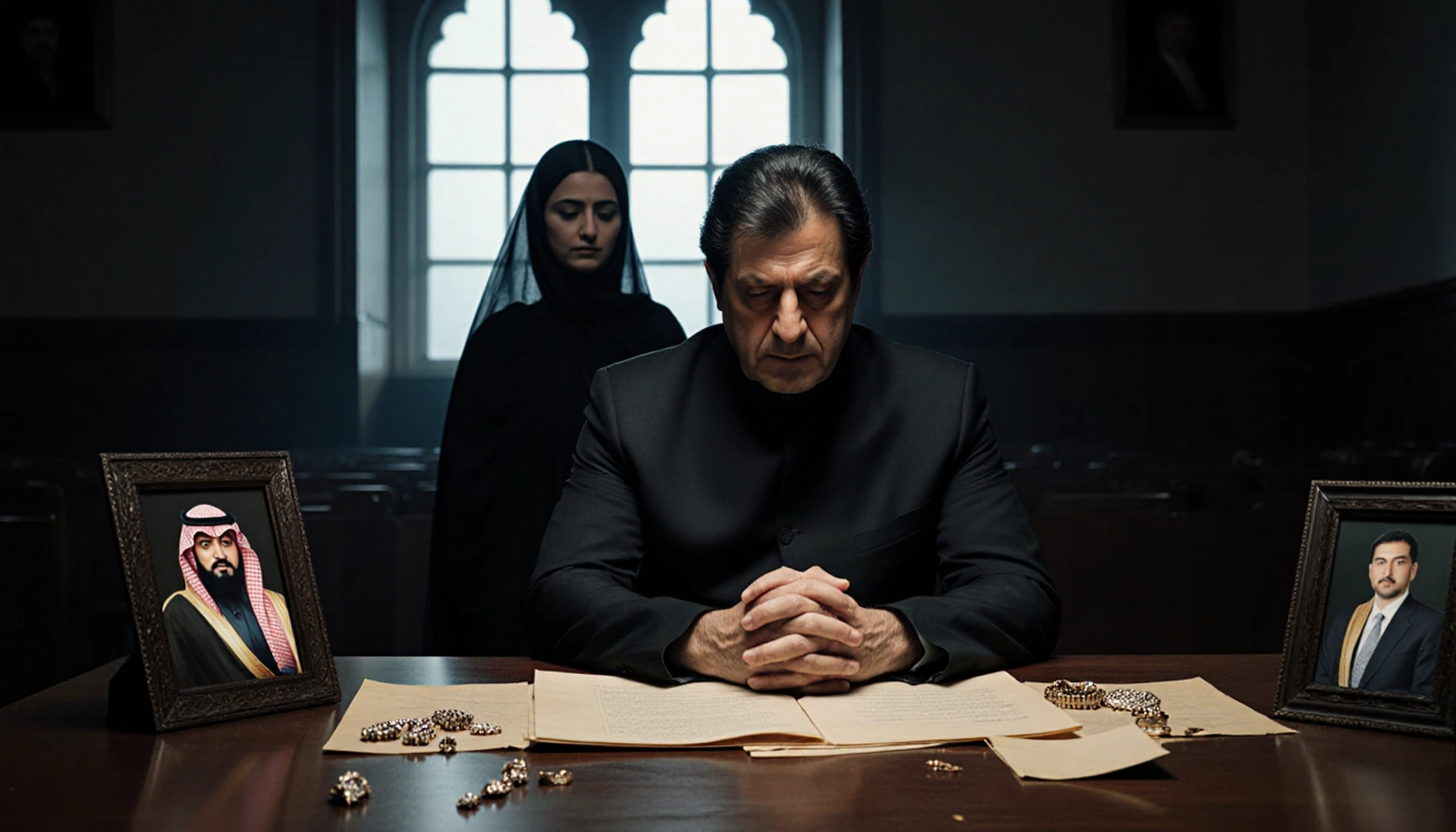 Imran Khan sitting with hands clasped near evidence on table in courtroom with Bushra Bibi looking defiant.