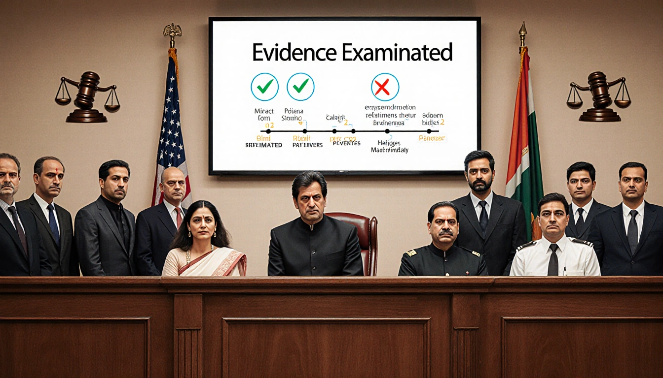 Defendant in handcuffs sits beside judge's bench with screen showing evidence.