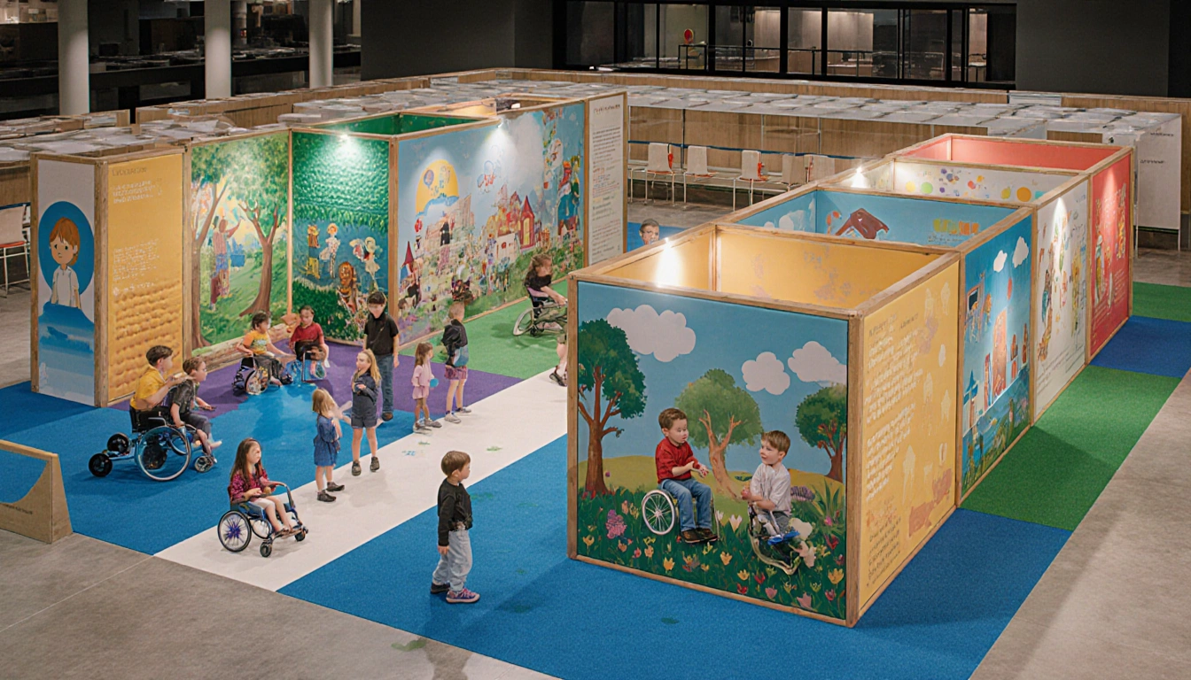 Children playing in inclusive modular pods with colorful textures and interactive lighting
