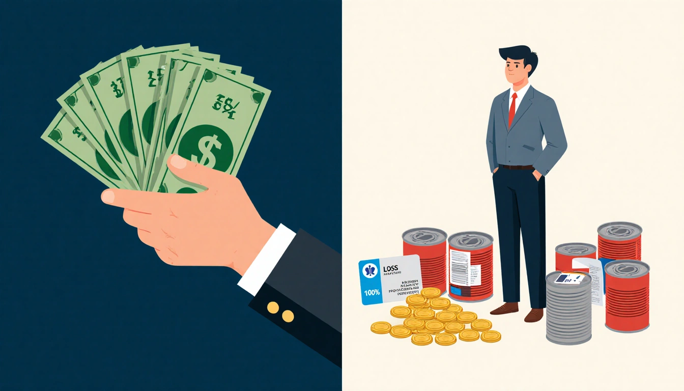 Well-dressed person holding a $12,000 bill with income disparity shown beside poor person losing a Medicaid card and empty ca