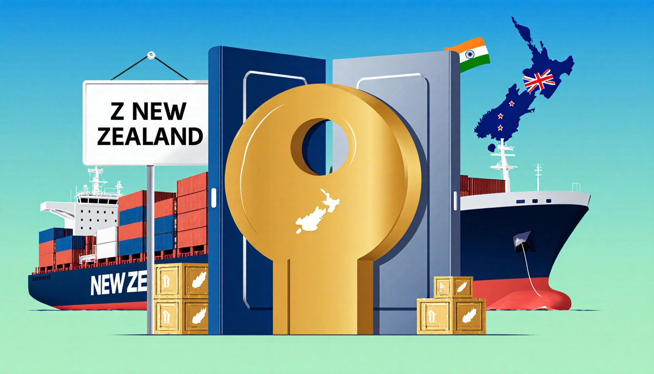 Golden key unlocking doors in front of a container ship with a New Zealand sign and a blue-green India exports background