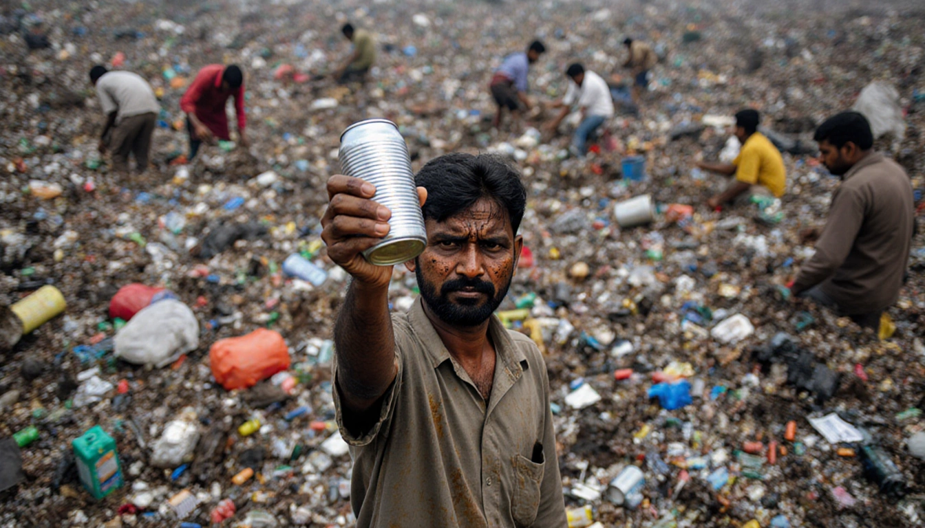Informal worker holding metal can with pride and exhaustion amid sea of discarded batteries and scrap materials