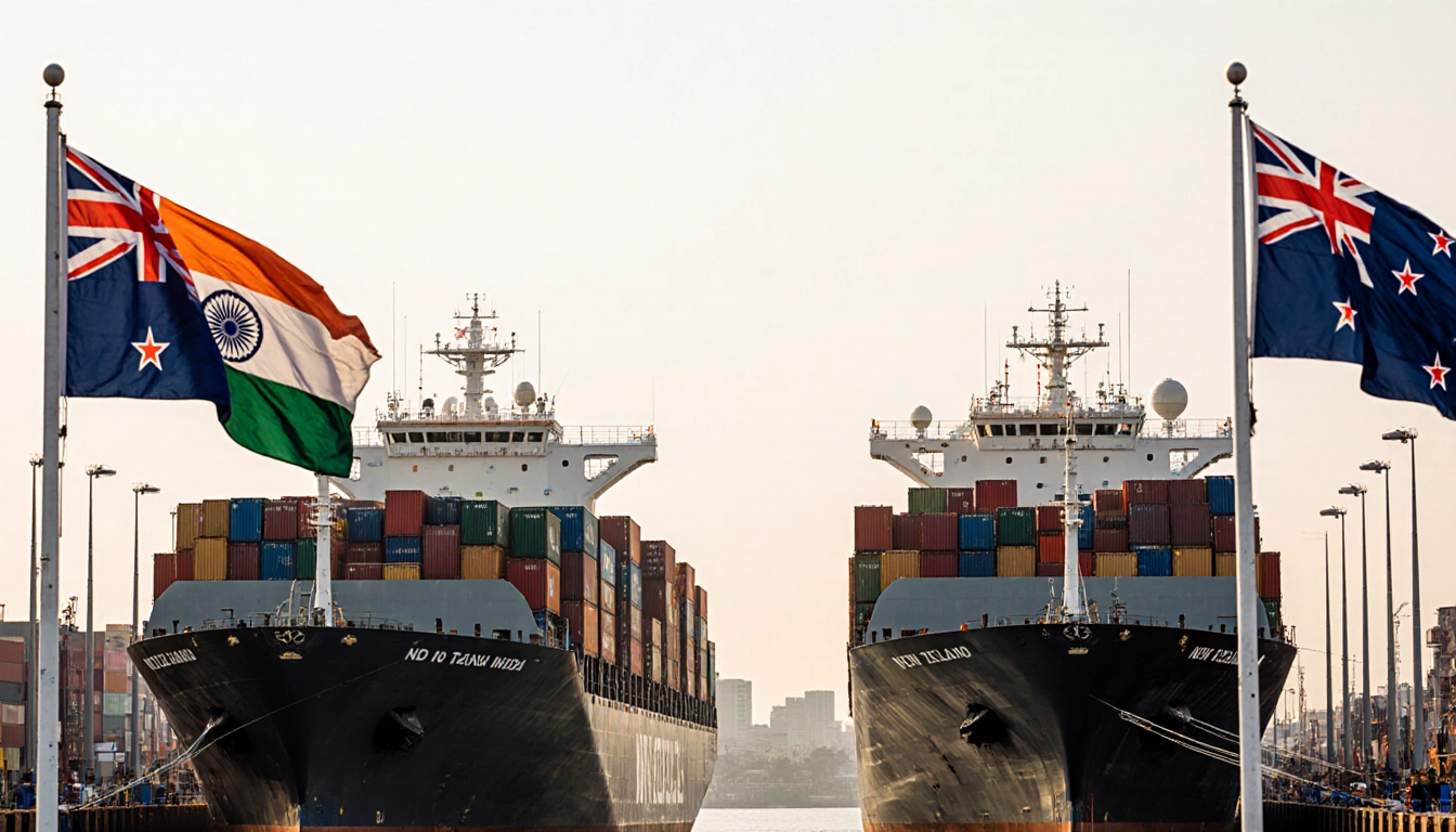 Cargo ships dock side by side with India and New Zealand flags flying and traders exchanging goods under free trade banner in