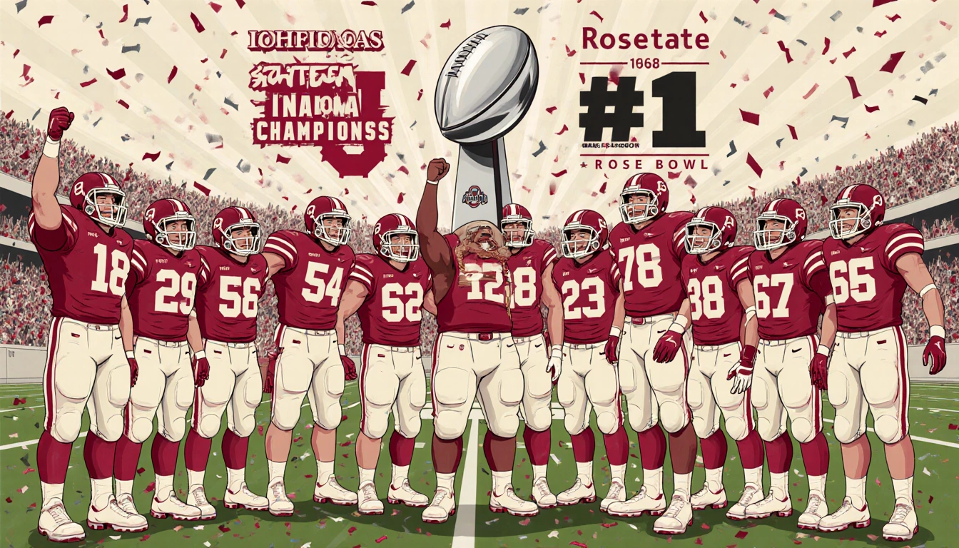 Hoosiers celebrating victory with trophy and confetti on Rose Bowl field and showing cream and crimson colors and #1 ranking