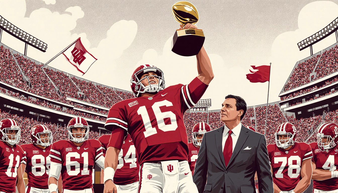 Quarterback Fernando Mendoza holds the Heisman Trophy aloft with a stadium and Indiana flag overhead during championship