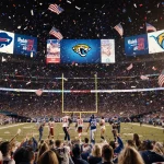 Colts players celebrating on field with confetti and golden stadium lighting while fans cheer and scoreboard shows 48-27
