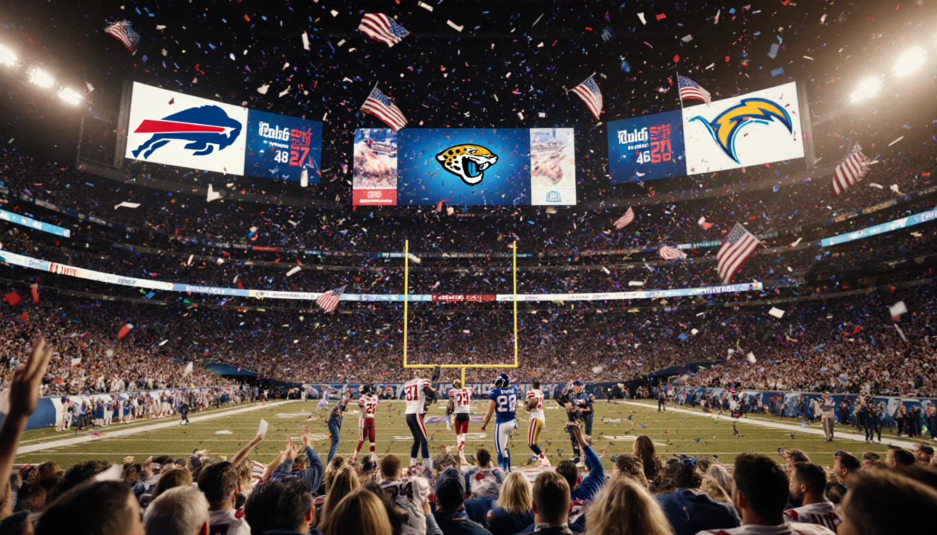 Colts players celebrating on field with confetti and golden stadium lighting while fans cheer and scoreboard shows 48-27
