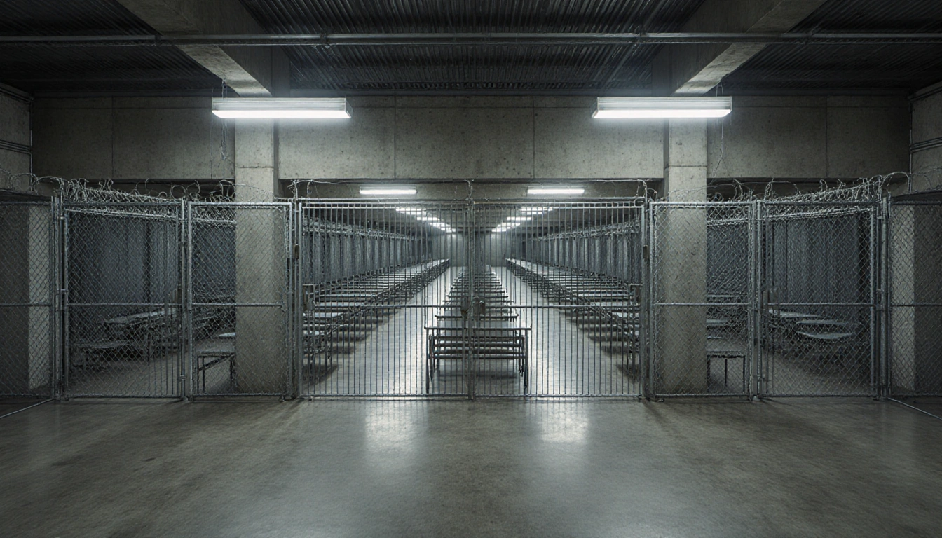 Industrial warehouse stands with metal gates and wire its interior has stainless steel tables under lights