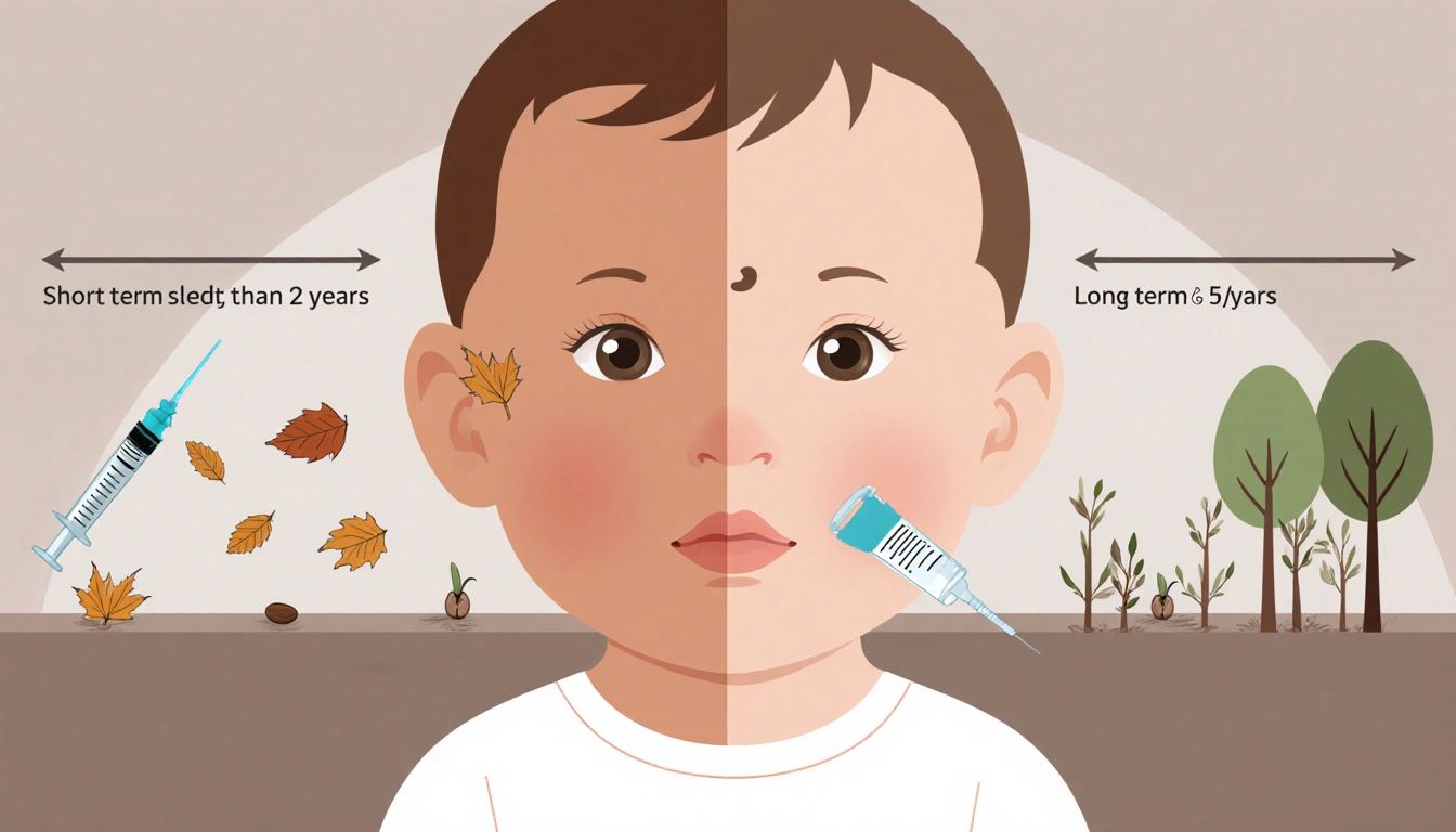 Infant split screen with left side showing hepatitis B vaccination and right side empty syringe and growing trees background