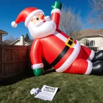 Inflatable Santa leaning over backyard with crumpled HOA notice and distant protest crowd under sunny Colorado sky
