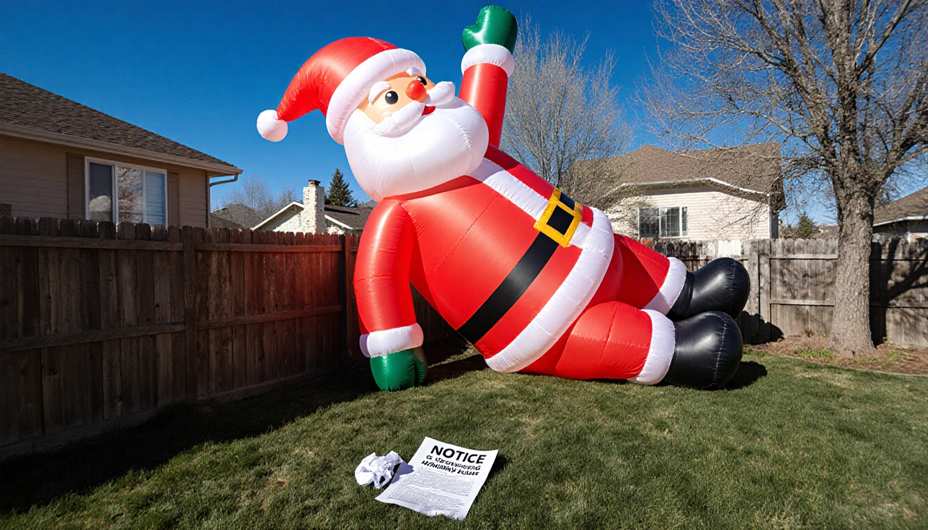 Inflatable Santa leaning over backyard with crumpled HOA notice and distant protest crowd under sunny Colorado sky