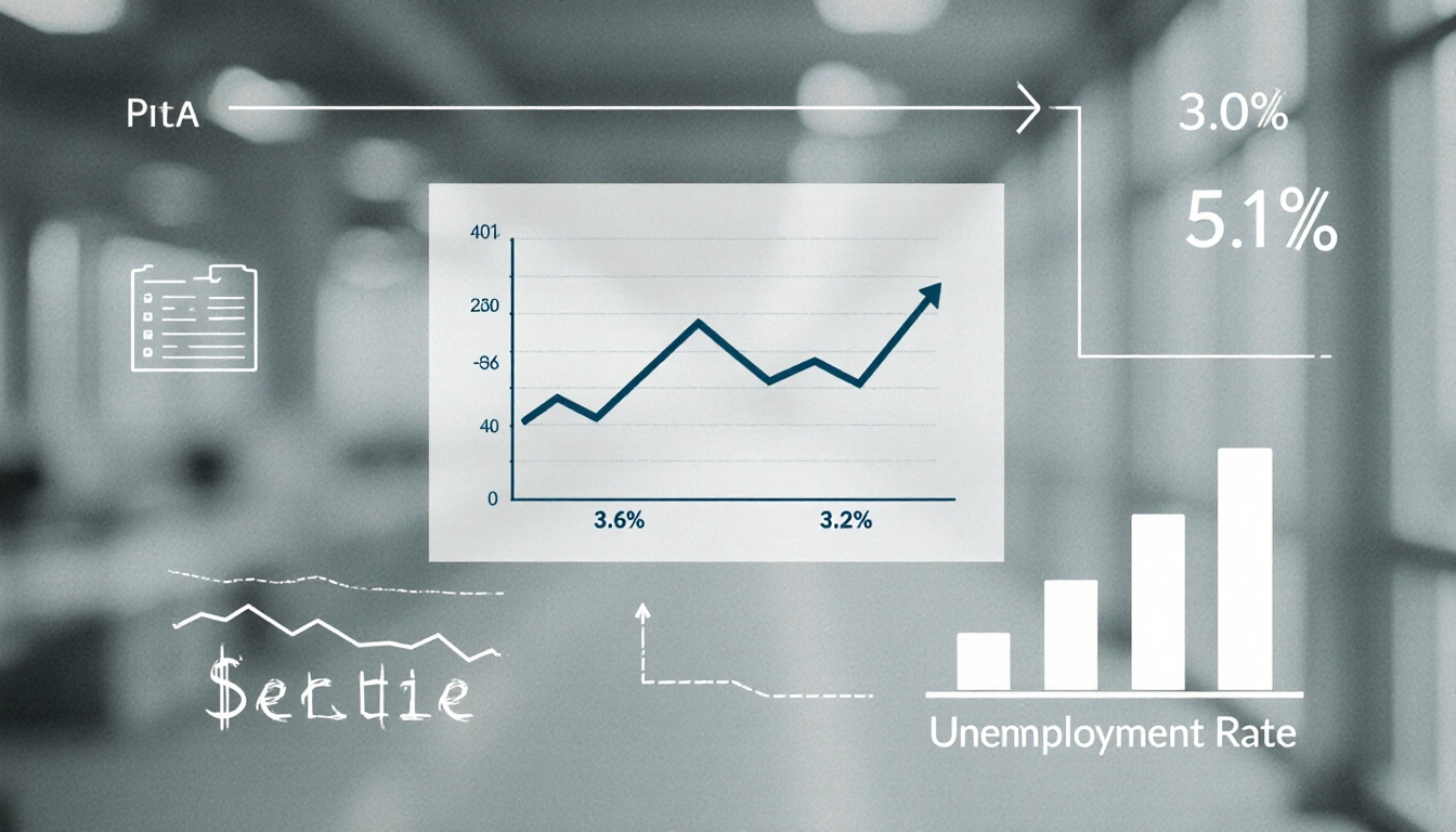 Graph showing a downward inflation trend with an unemployment bar in a blurred industrial backdrop highlighting labour market