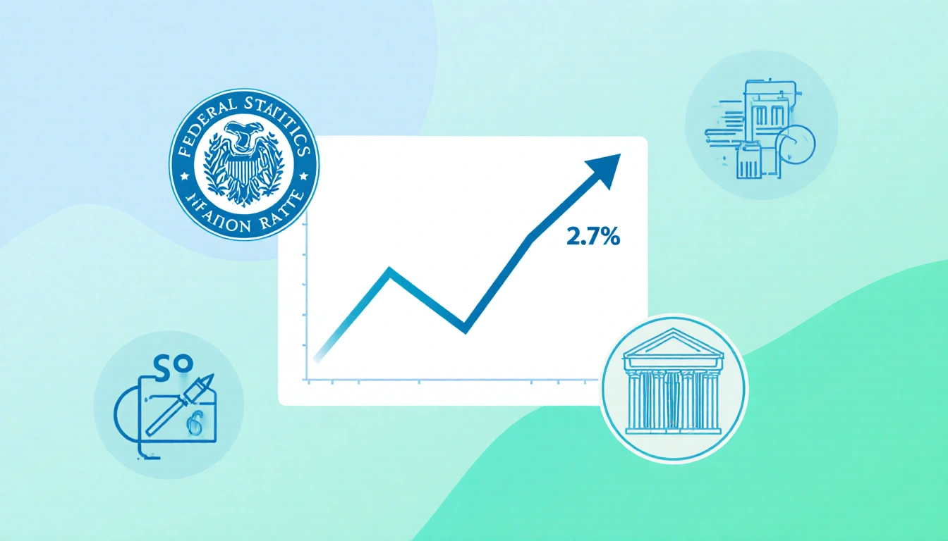 Stylized graph illustrates inflation at 2.7% with upward arrow and Federal Reserve icon