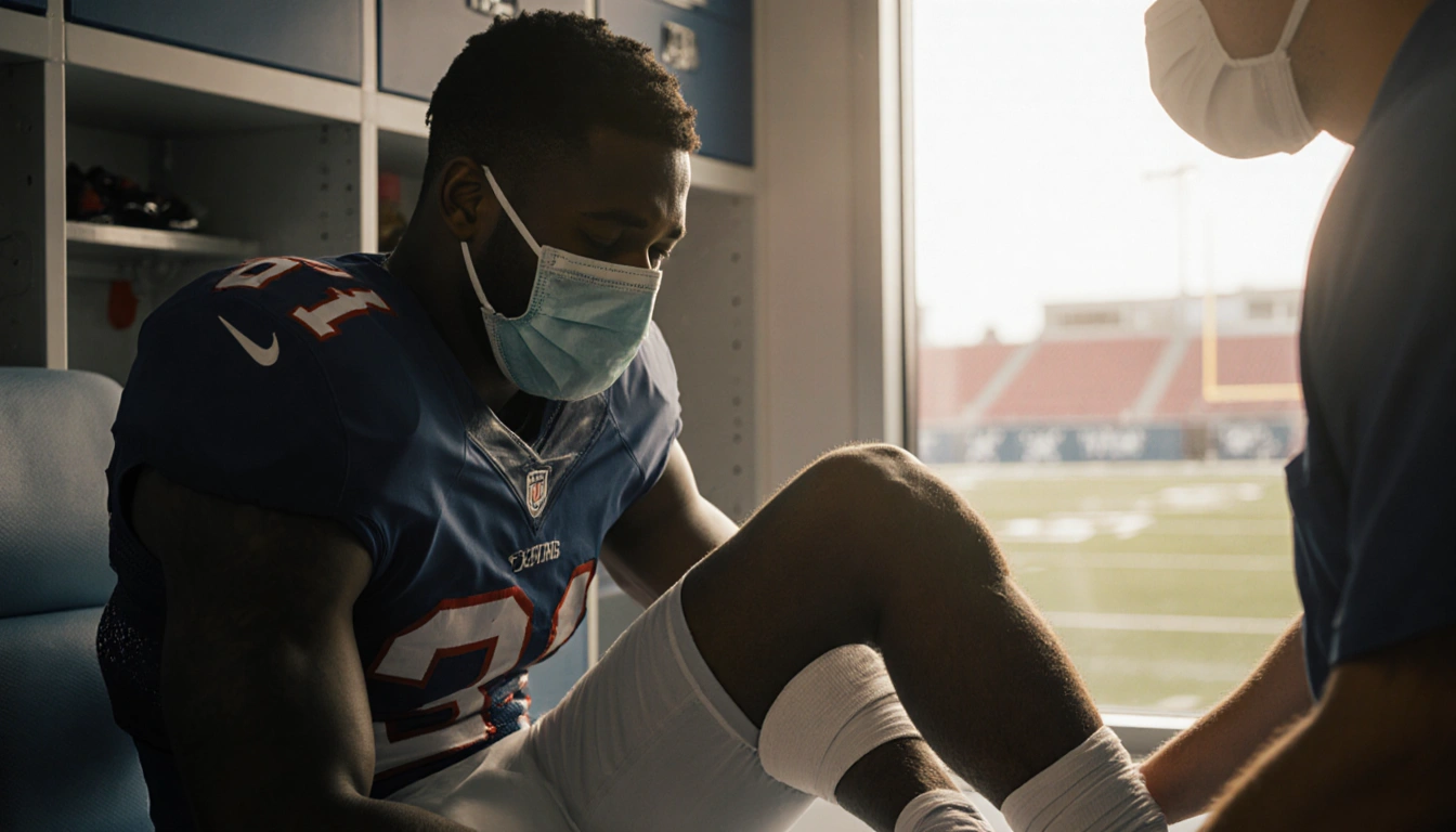 Quinshon Judkins lies on stretcher with leg bandaged and mask over face and light from window and locker room medical team.