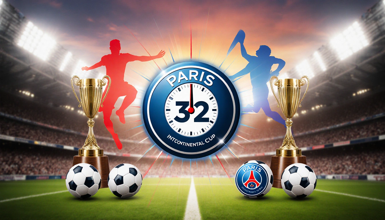 Countdown clock flashing 32 with stylized footballs and trophy silhouettes and PSG crest colors around it