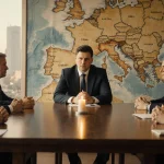 Representatives seated around table engaging in serious discussion with clasped hands with a flickering candle and faded Euro